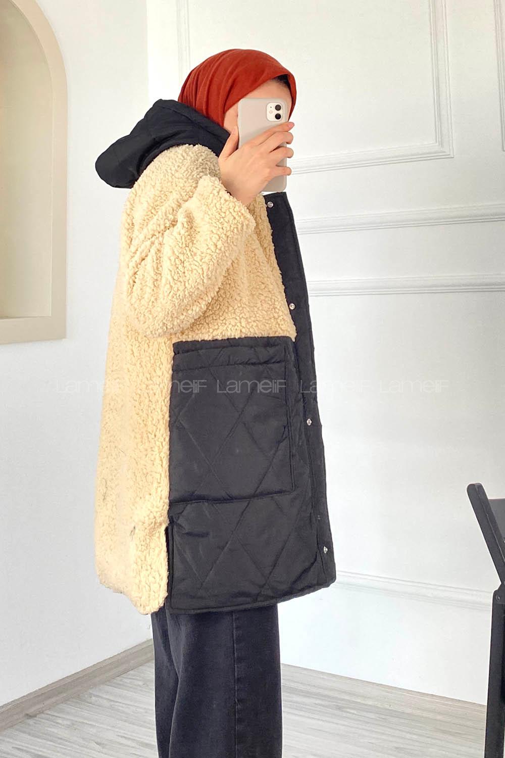 Lamelif Kapitone Garnili Model Kapüşonlu Peluş Mont Krem