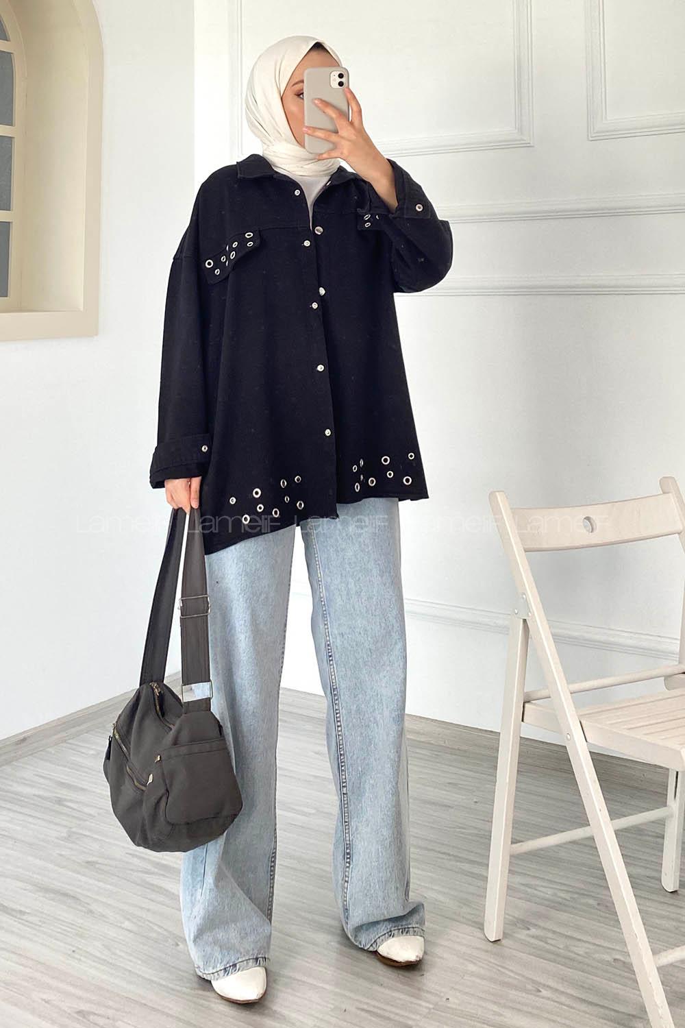 Modalamelif Kuş Göz Detaylı Önü Çıtçıt Düğmeli Ceket Siyah
