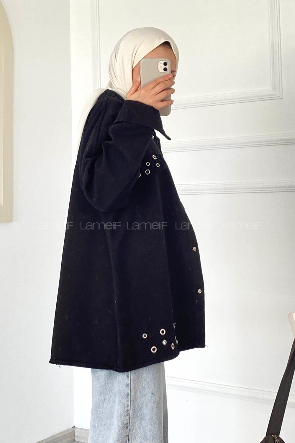 Modalamelif Kuş Göz Detaylı Önü Çıtçıt Düğmeli Ceket Siyah