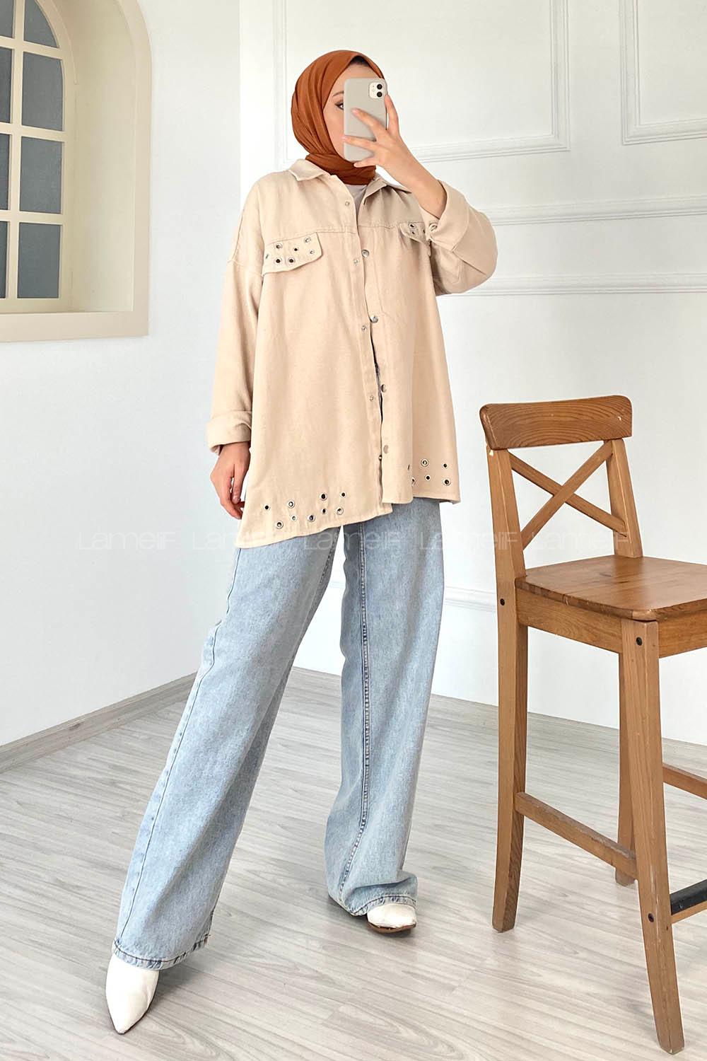 Modalamelif Kuş Göz Detaylı Önü Çıtçıt Düğmeli Ceket Taşrengi