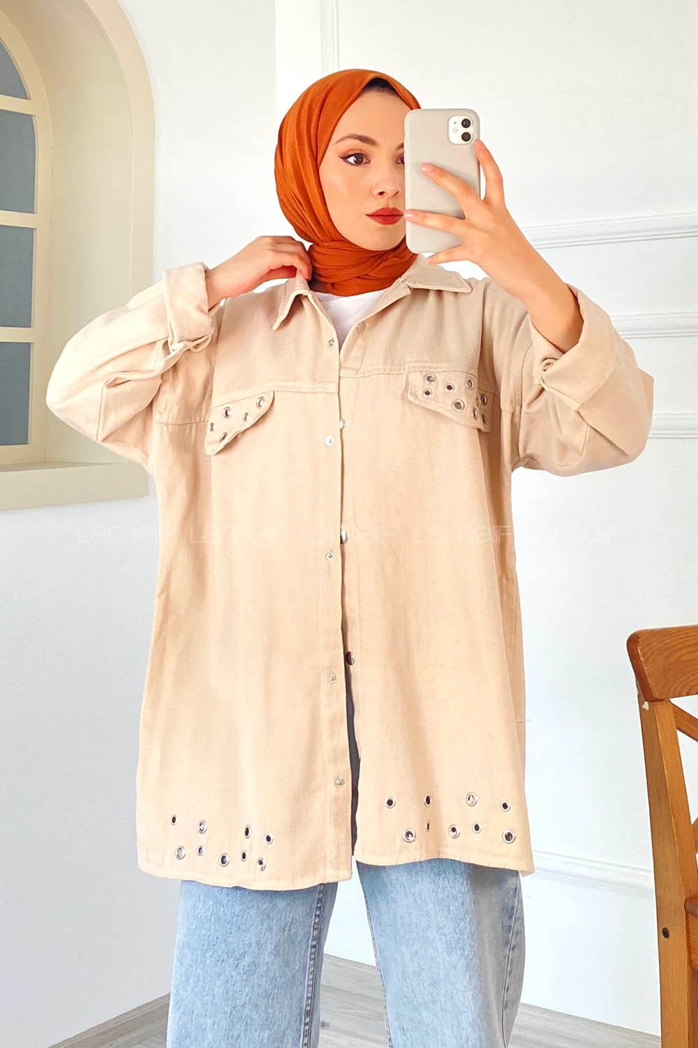 Modalamelif Kuş Göz Detaylı Önü Çıtçıt Düğmeli Ceket Taşrengi