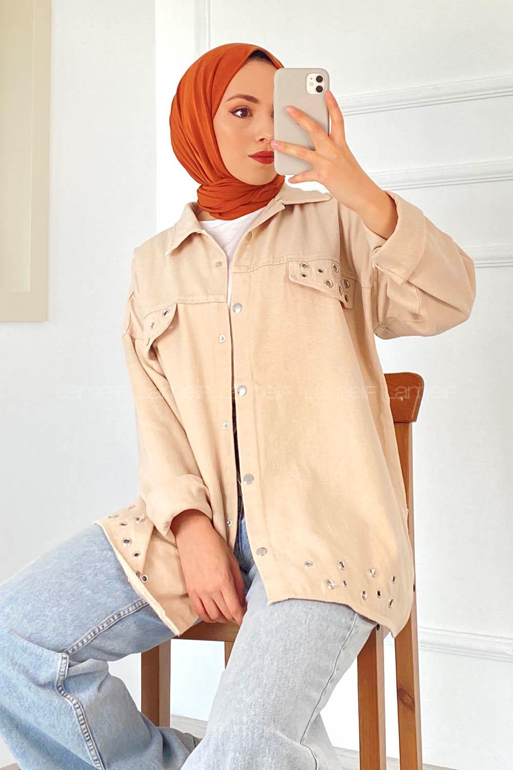 Modalamelif Kuş Göz Detaylı Önü Çıtçıt Düğmeli Ceket Taşrengi