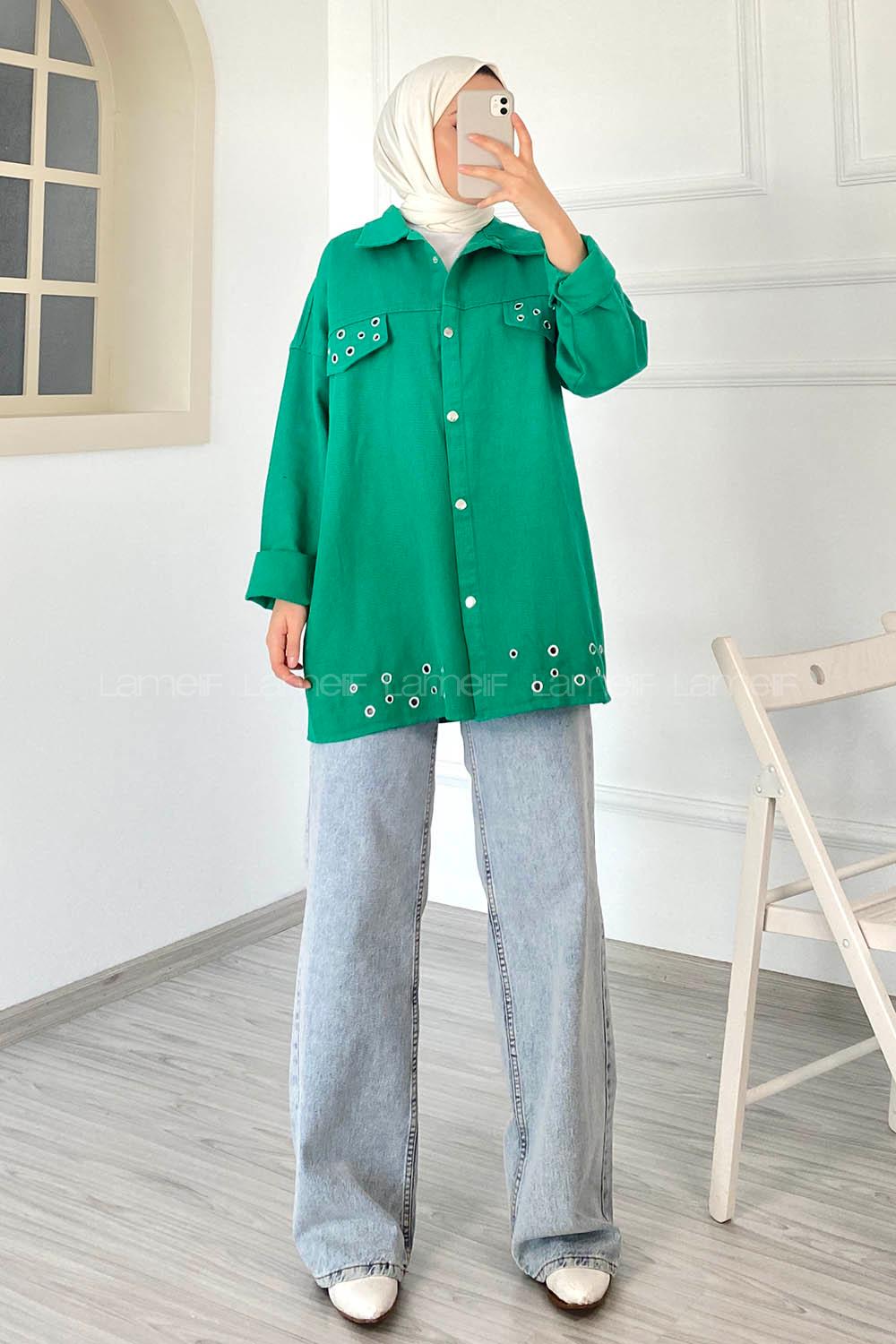 Modalamelif Kuş Göz Detaylı Önü Çıtçıt Düğmeli Ceket Yeşil