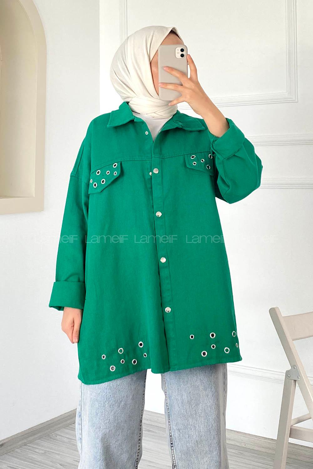 Modalamelif Kuş Göz Detaylı Önü Çıtçıt Düğmeli Ceket Yeşil