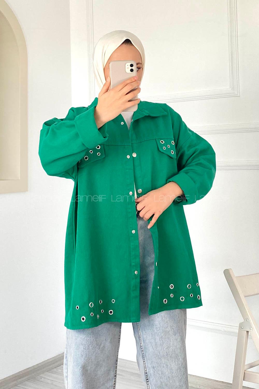 Modalamelif Kuş Göz Detaylı Önü Çıtçıt Düğmeli Ceket Yeşil