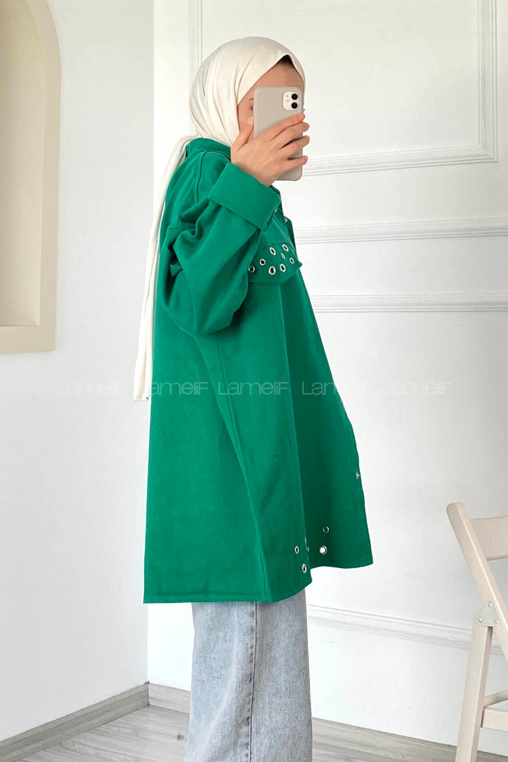 Modalamelif Kuş Göz Detaylı Önü Çıtçıt Düğmeli Ceket Yeşil