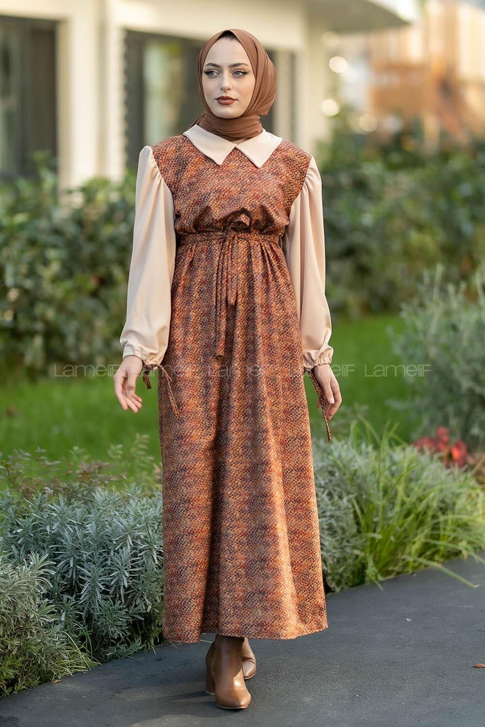Modalamelif Beli Kuşak Bağlama Detaylı Kol ve Yaka Garnili Elbise Sütlükahve