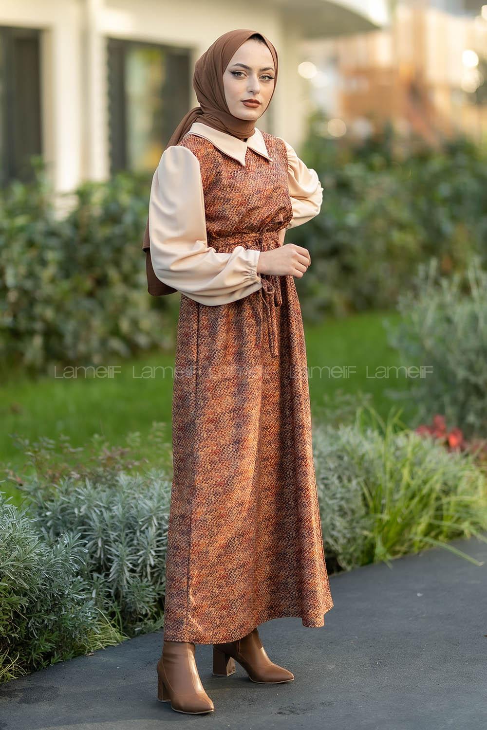 Modalamelif Beli Kuşak Bağlama Detaylı Kol ve Yaka Garnili Elbise Sütlükahve