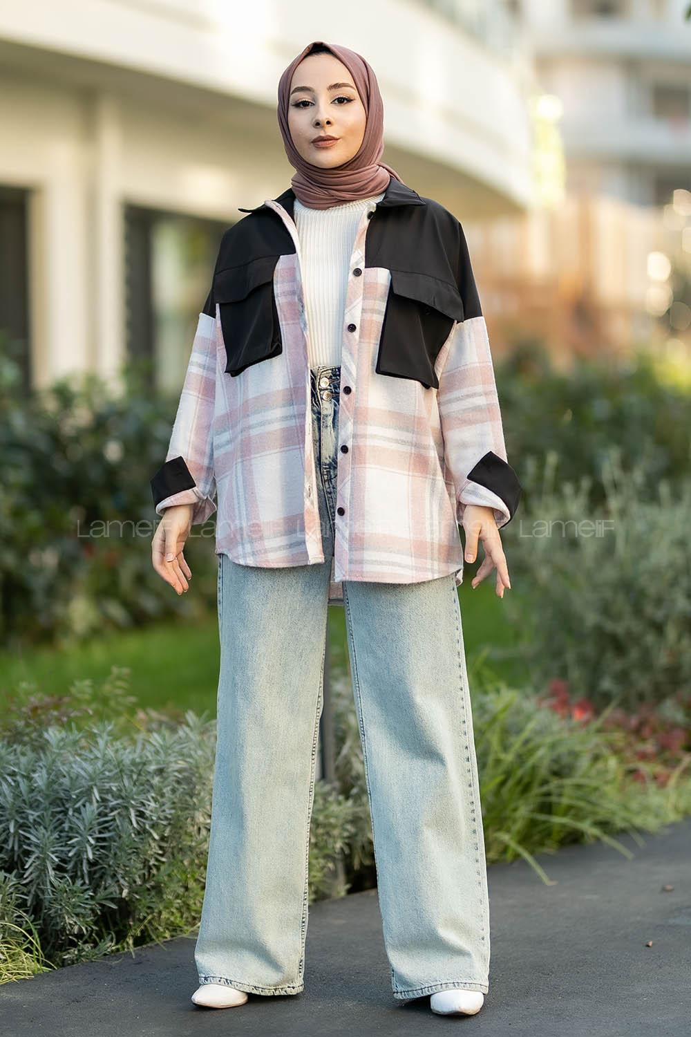 Modalamelif Çift Kapak Cepli Renk Garnili Oduncu Gömlek Pudra-Siyah