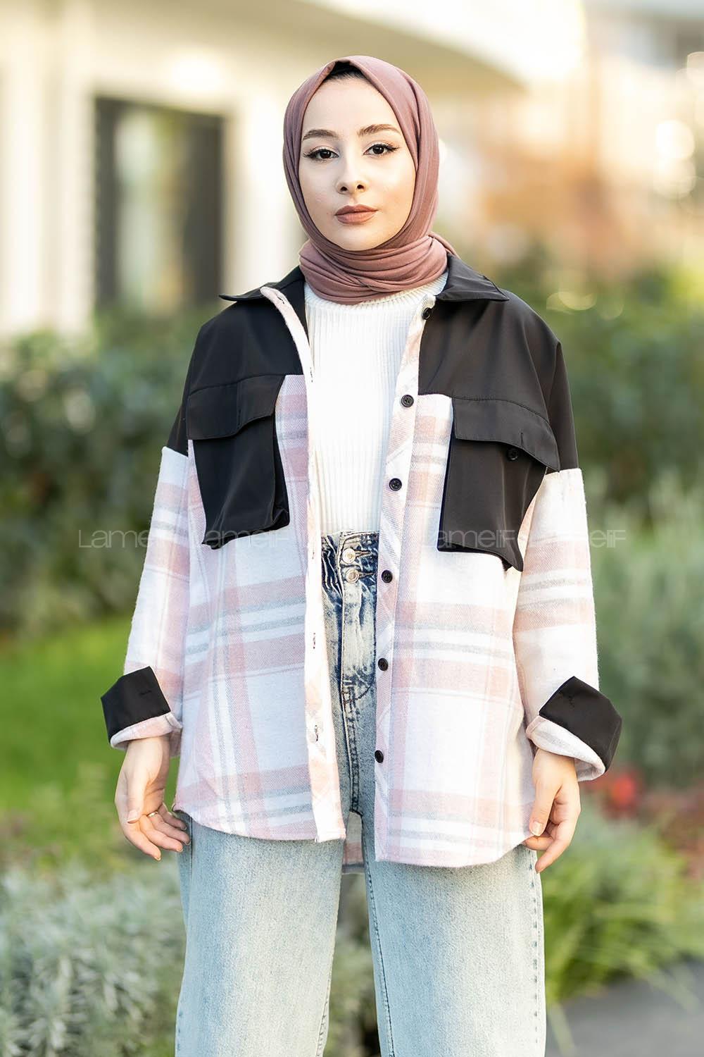 Modalamelif Çift Kapak Cepli Renk Garnili Oduncu Gömlek Pudra-Siyah