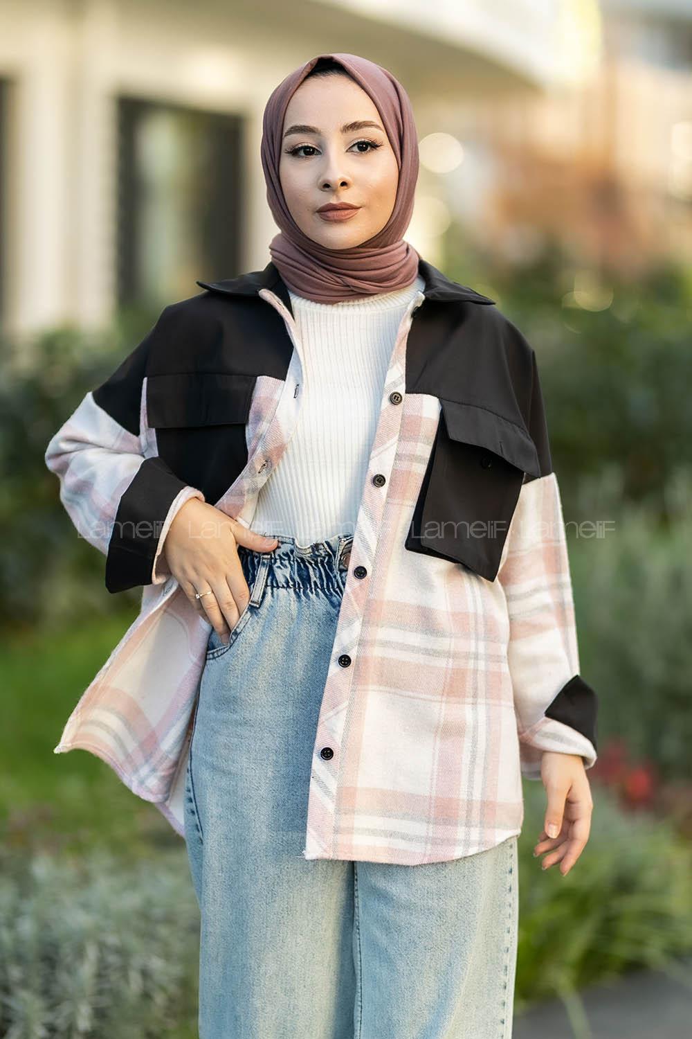 Modalamelif Çift Kapak Cepli Renk Garnili Oduncu Gömlek Pudra-Siyah