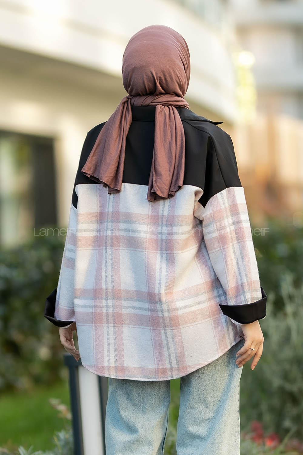 Modalamelif Çift Kapak Cepli Renk Garnili Oduncu Gömlek Pudra-Siyah