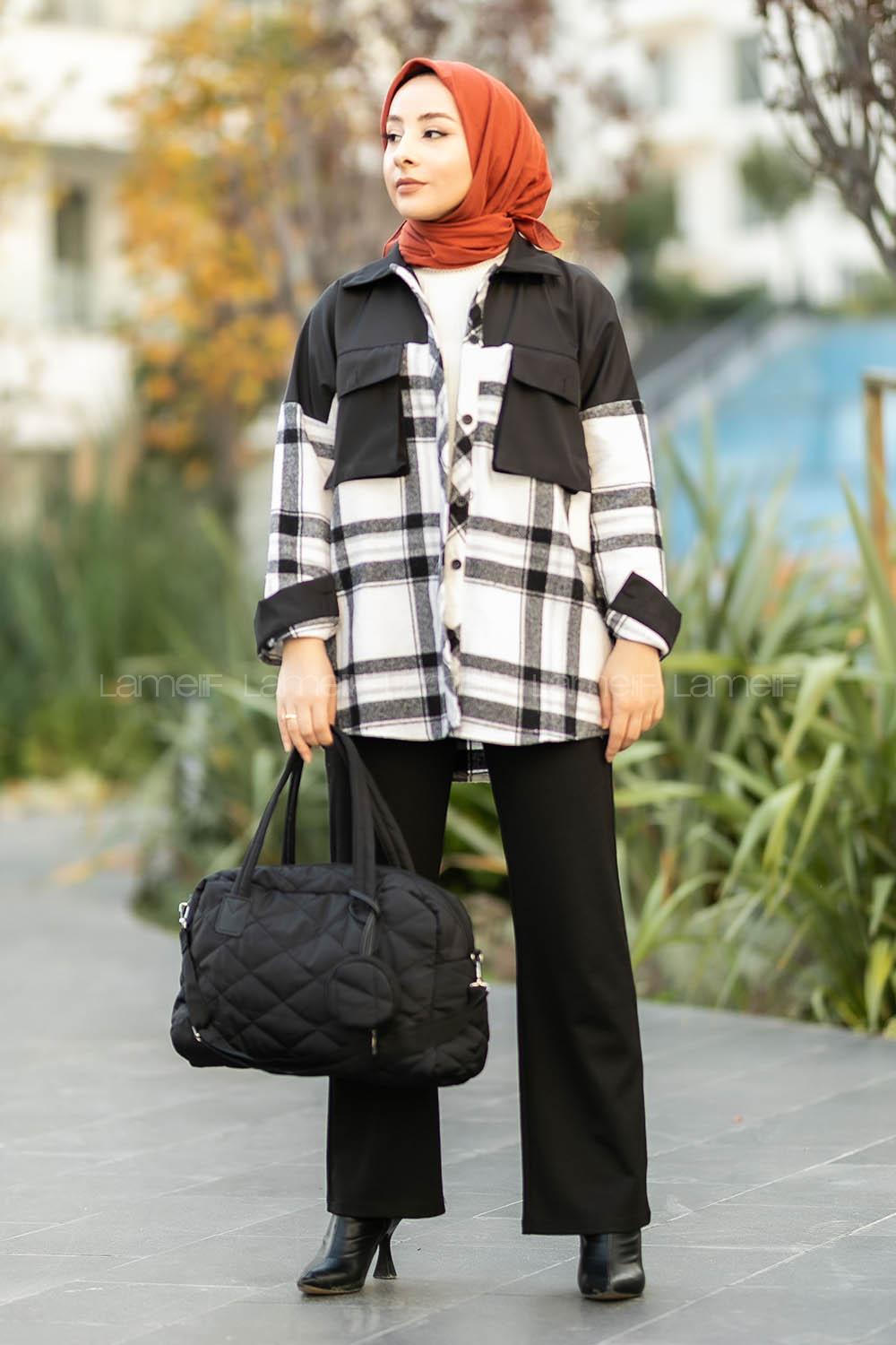 Modalamelif Çift Kapak Cepli Renk Garnili Oduncu Gömlek Siyah-Beyaz