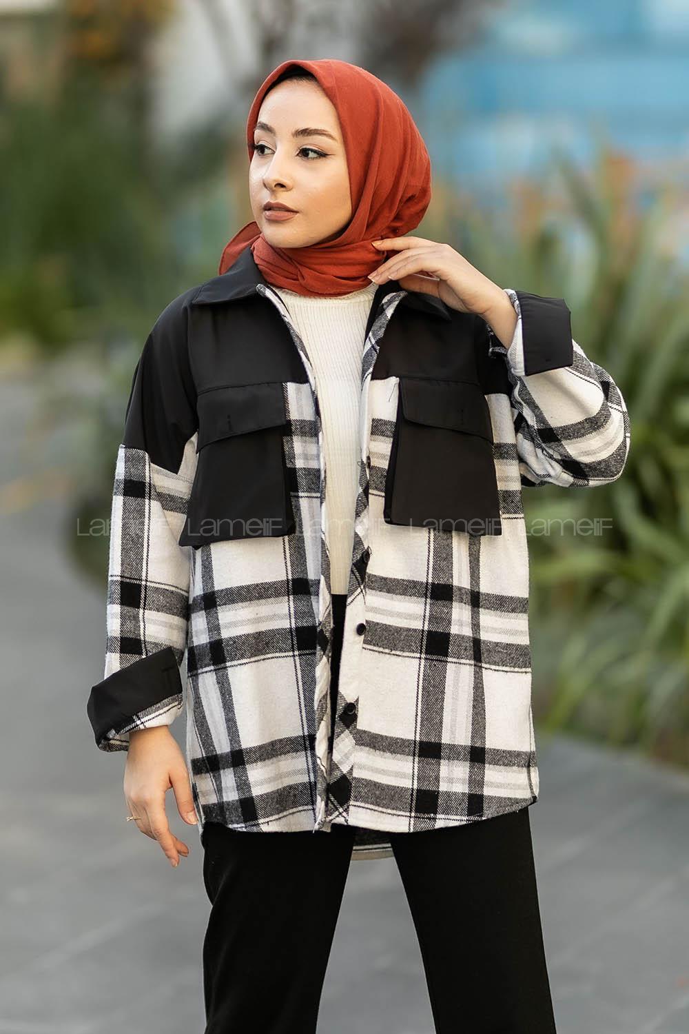 Modalamelif Çift Kapak Cepli Renk Garnili Oduncu Gömlek Siyah-Beyaz