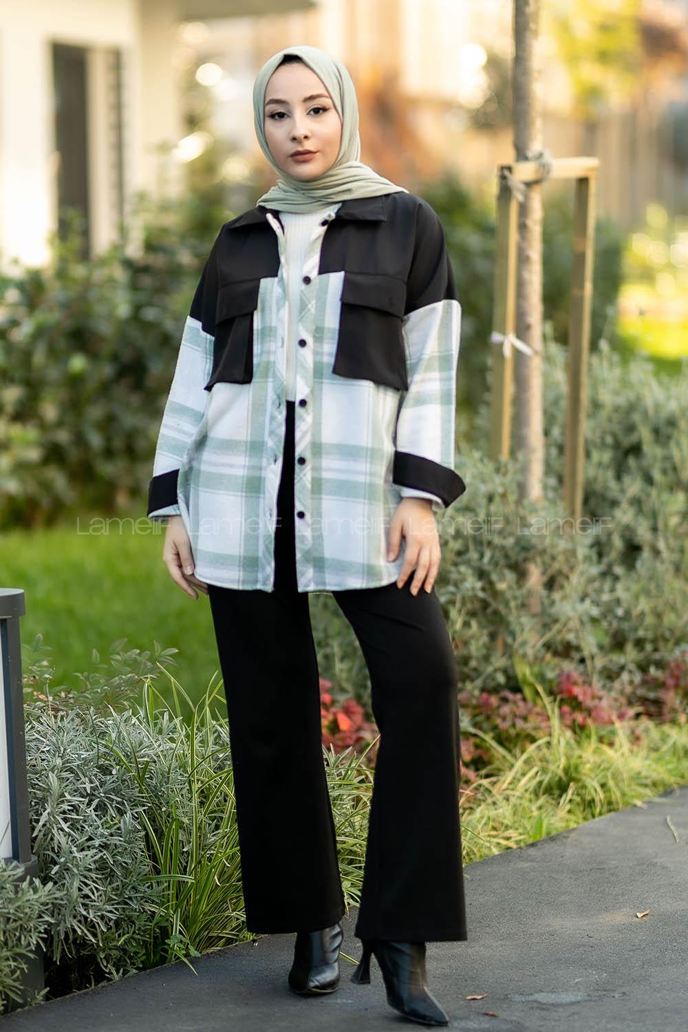 Modalamelif Çift Kapak Cepli Renk Garnili Oduncu Gömlek Siyah-Yeşil