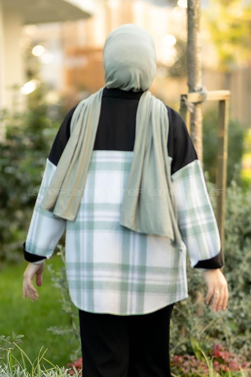 Modalamelif Çift Kapak Cepli Renk Garnili Oduncu Gömlek Siyah-Yeşil