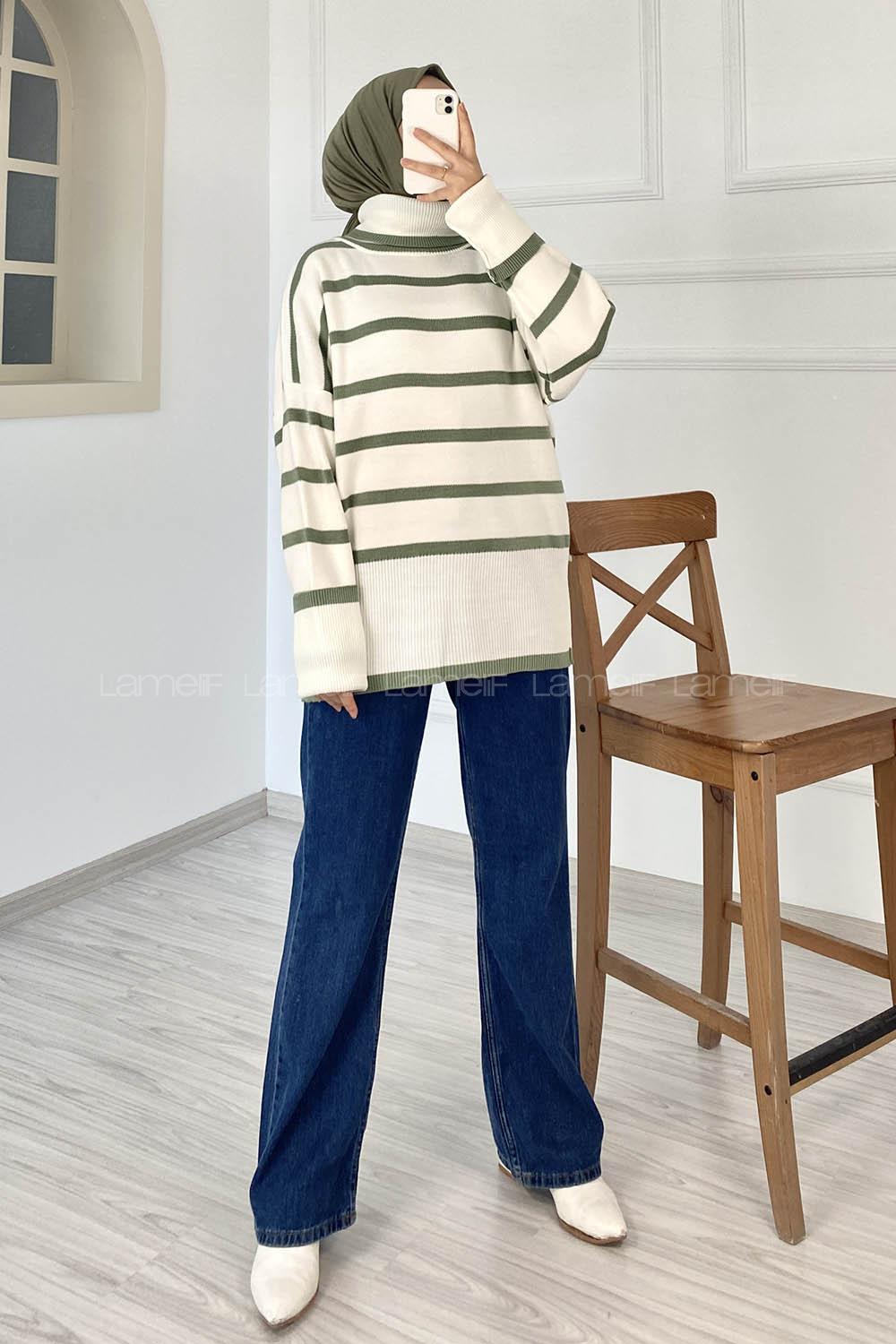 Modalamelif Çizgi Renk Garnili Boğazlı Triko Kazak Çağla Yeşili