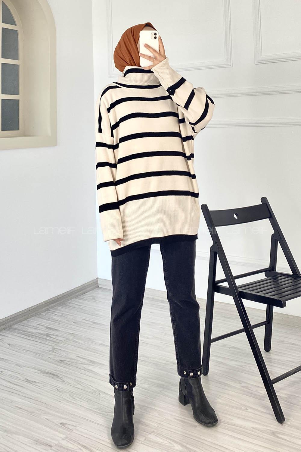 Modalamelif Çizgi Renk Garnili Boğazlı Triko Kazak Ekru-Siyah