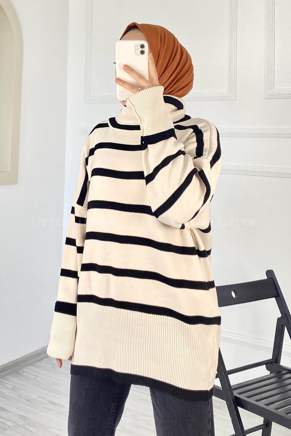 Modalamelif Çizgi Renk Garnili Boğazlı Triko Kazak Ekru-Siyah