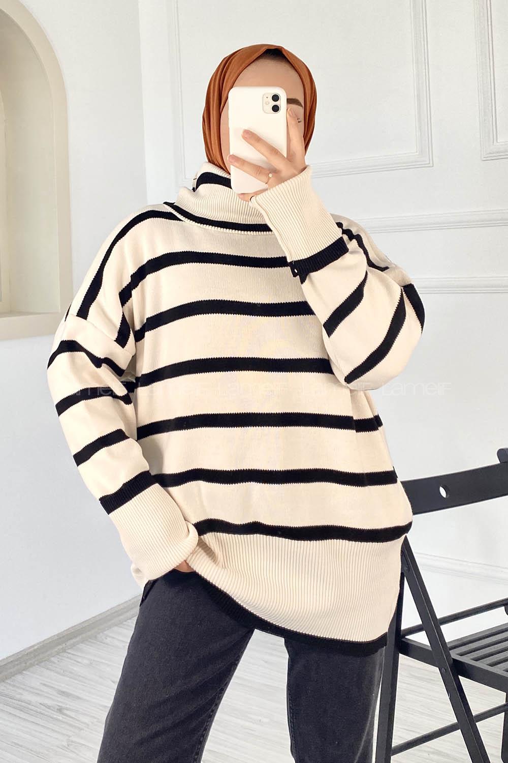 Modalamelif Çizgi Renk Garnili Boğazlı Triko Kazak Ekru-Siyah