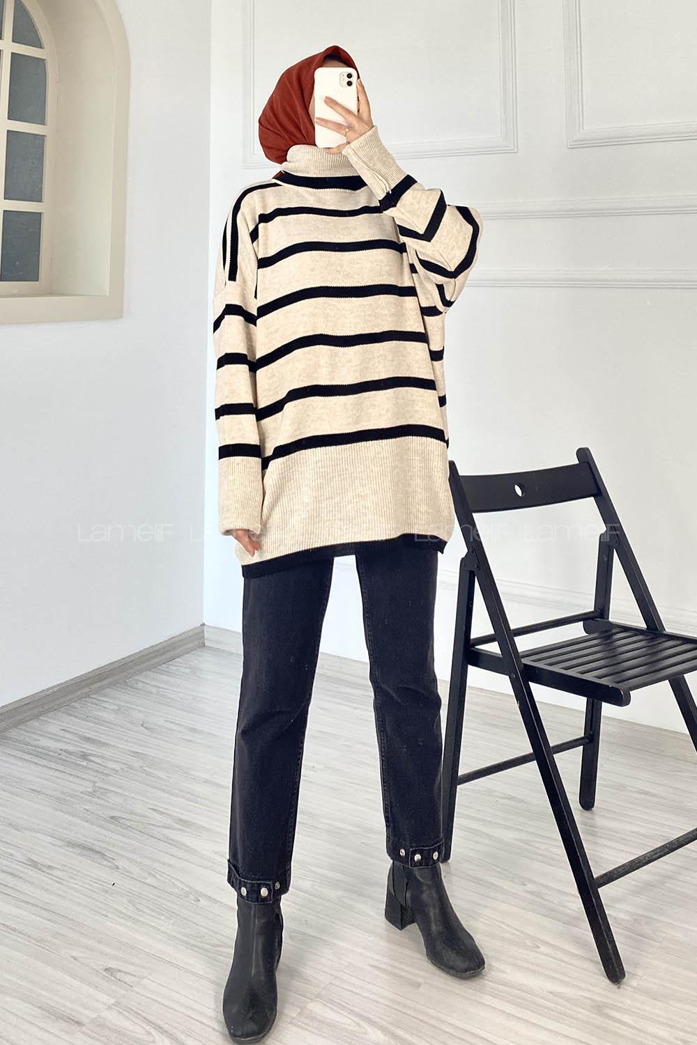 Modalamelif Çizgi Renk Garnili Boğazlı Triko Kazak Taş-Siyah