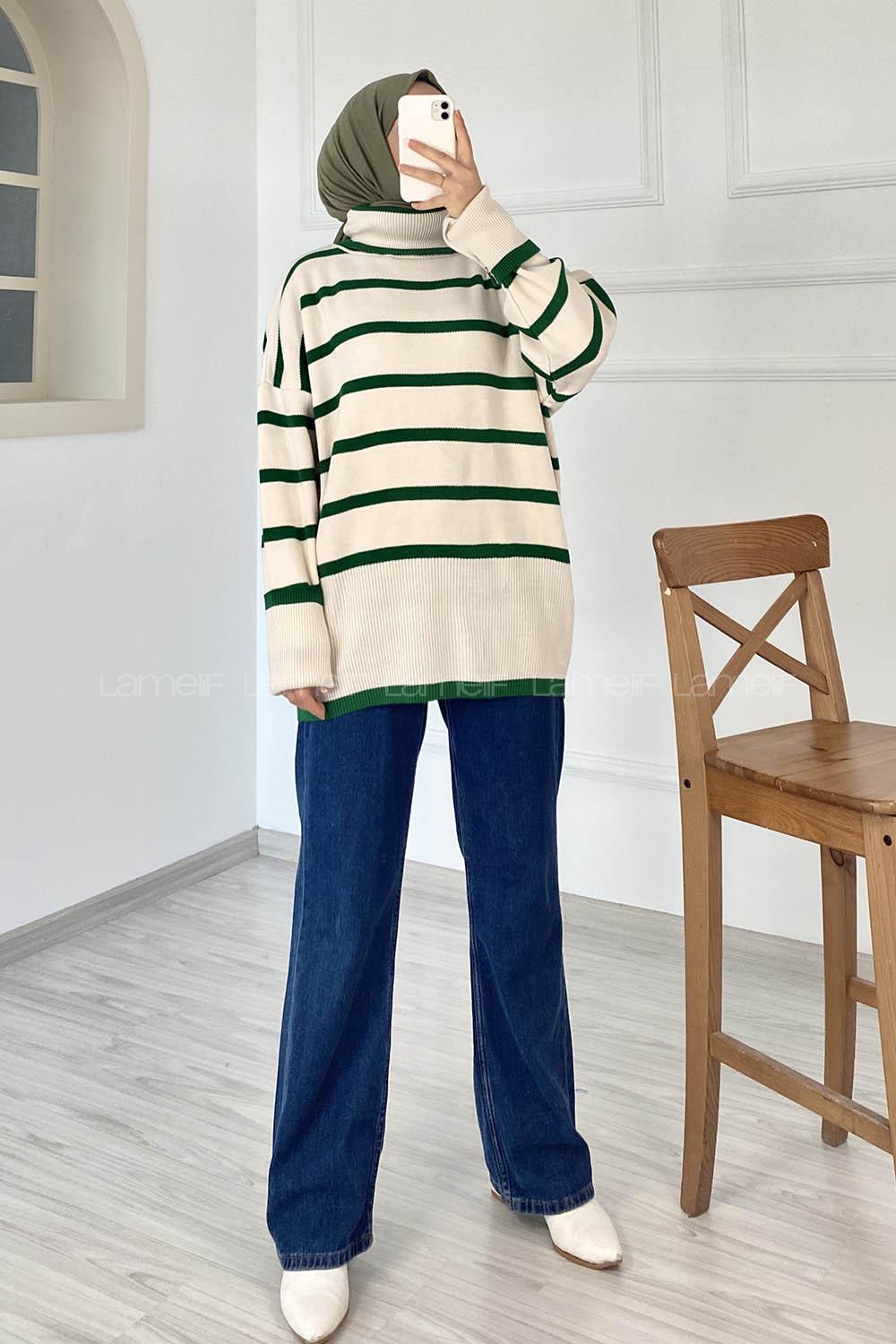 Modalamelif Çizgi Renk Garnili Boğazlı Triko Kazak Yeşil