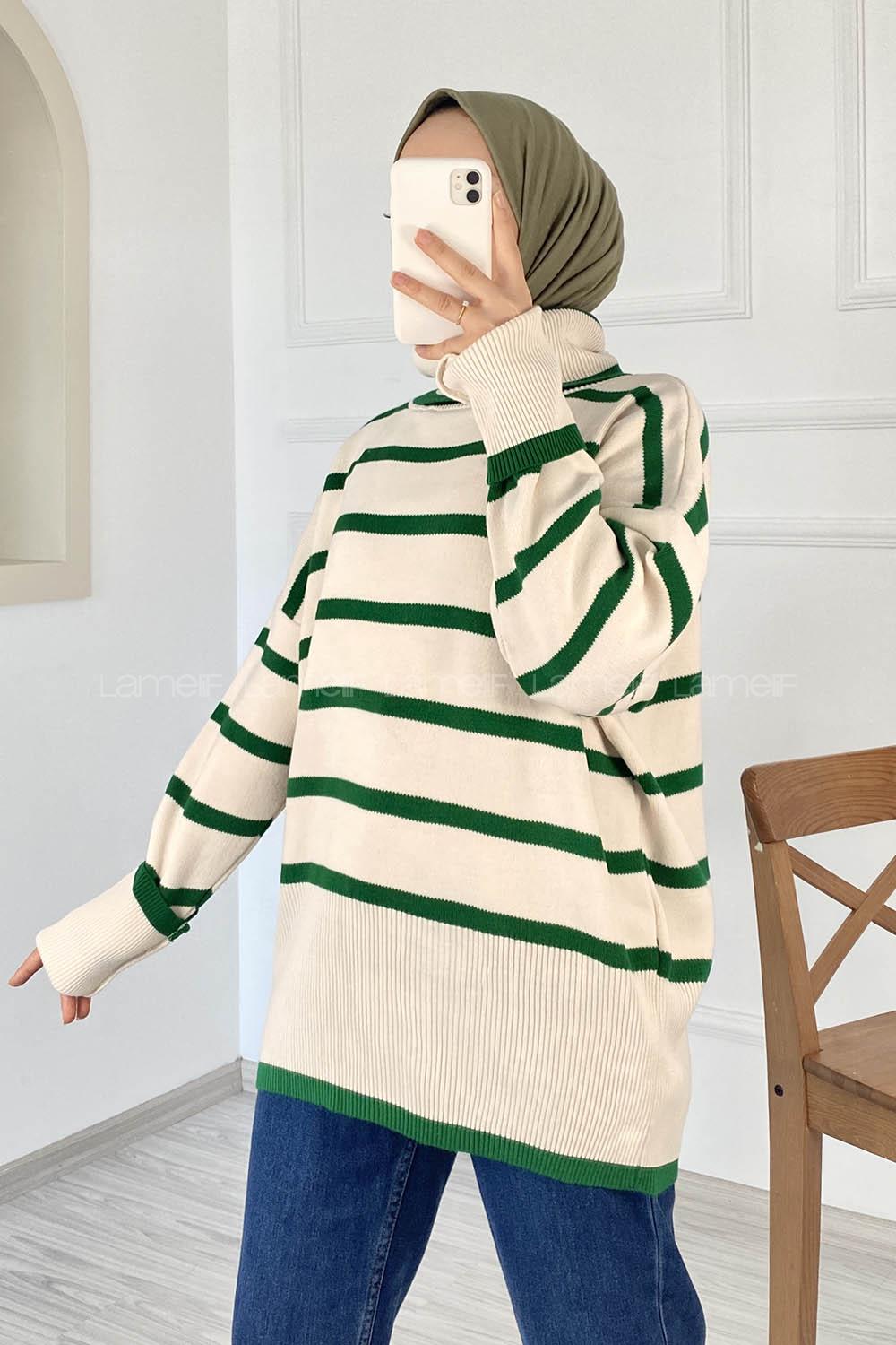 Modalamelif Çizgi Renk Garnili Boğazlı Triko Kazak Yeşil