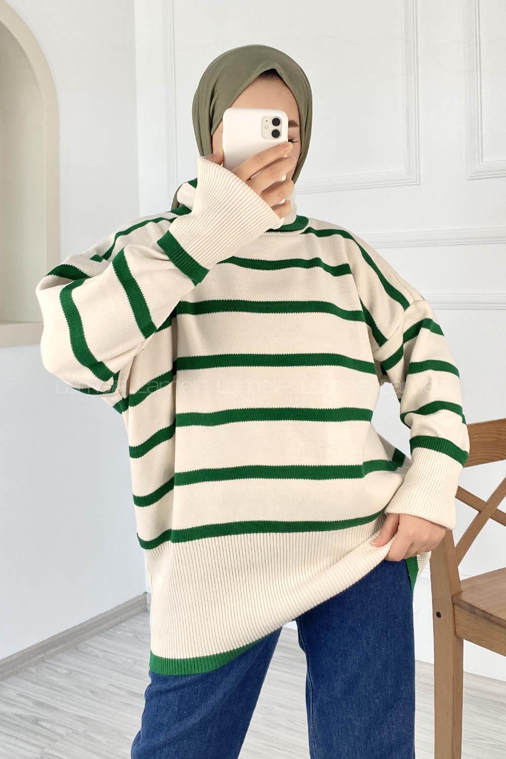 Modalamelif Çizgi Renk Garnili Boğazlı Triko Kazak Yeşil