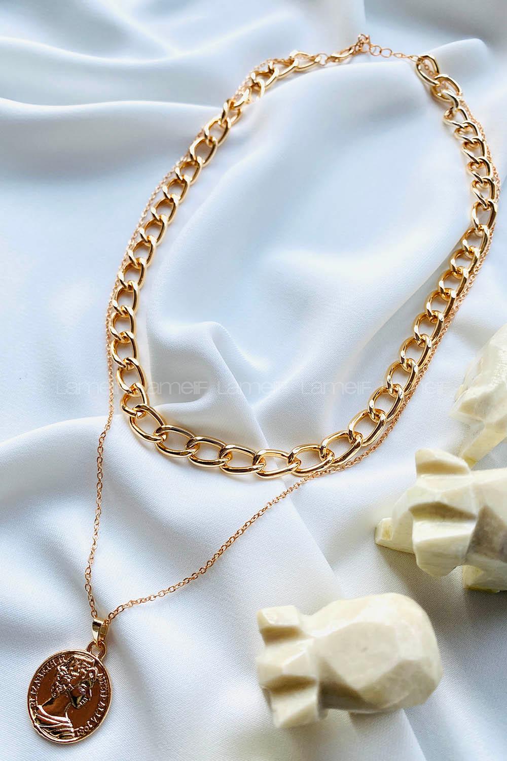 Modalamelif Gold 2Li Kombin Madalyon Detay Kolye