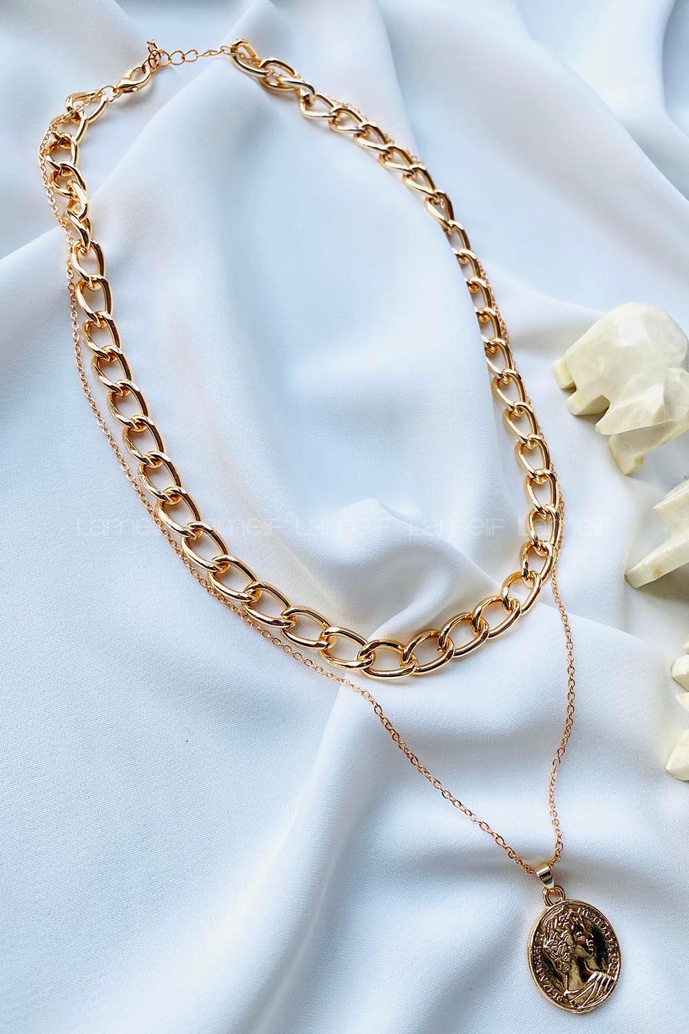 Modalamelif Gold 2Li Kombin Madalyon Detay Kolye