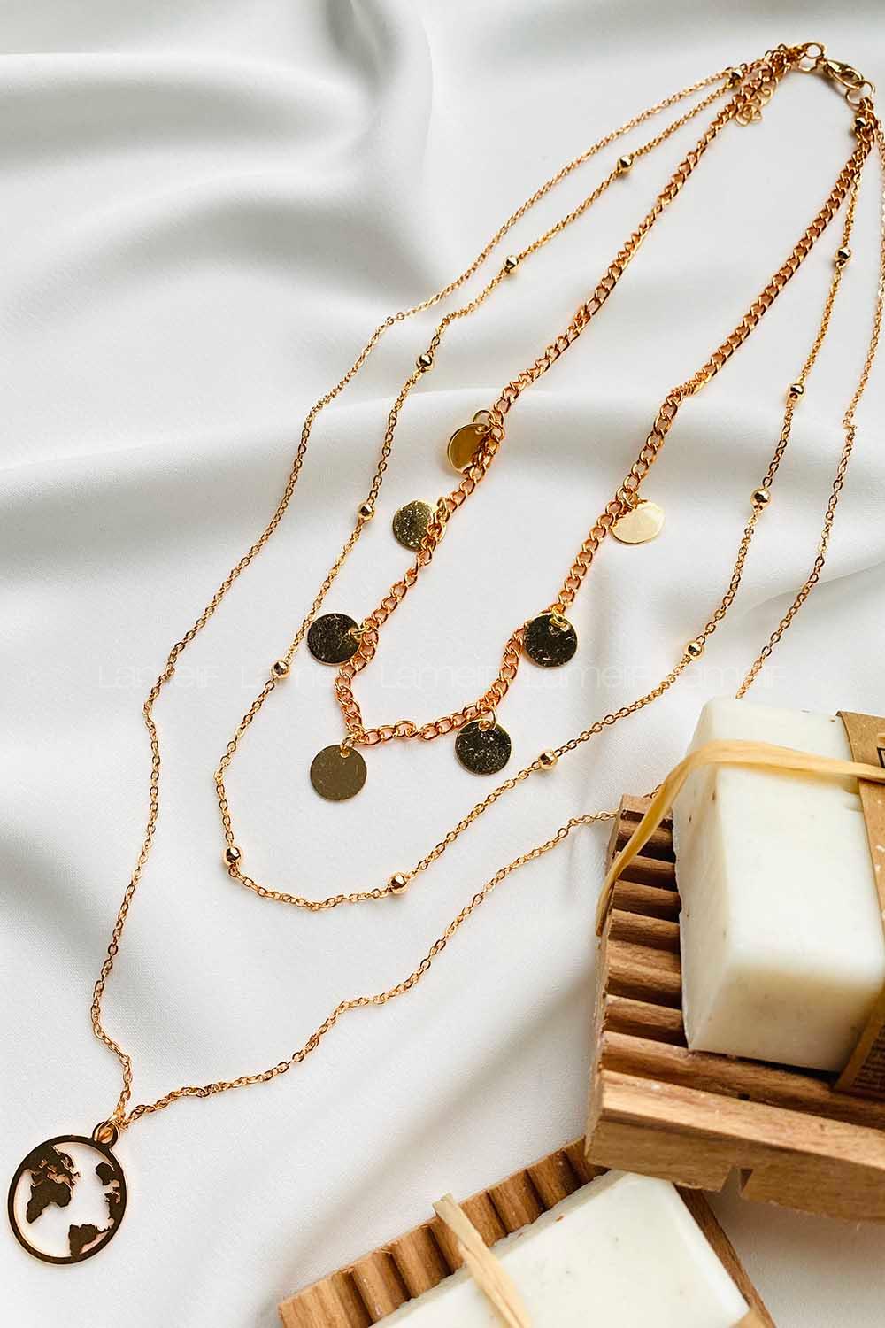 Modalamelif Gold 3Lü Kombin Dünya Detaylı Kolye