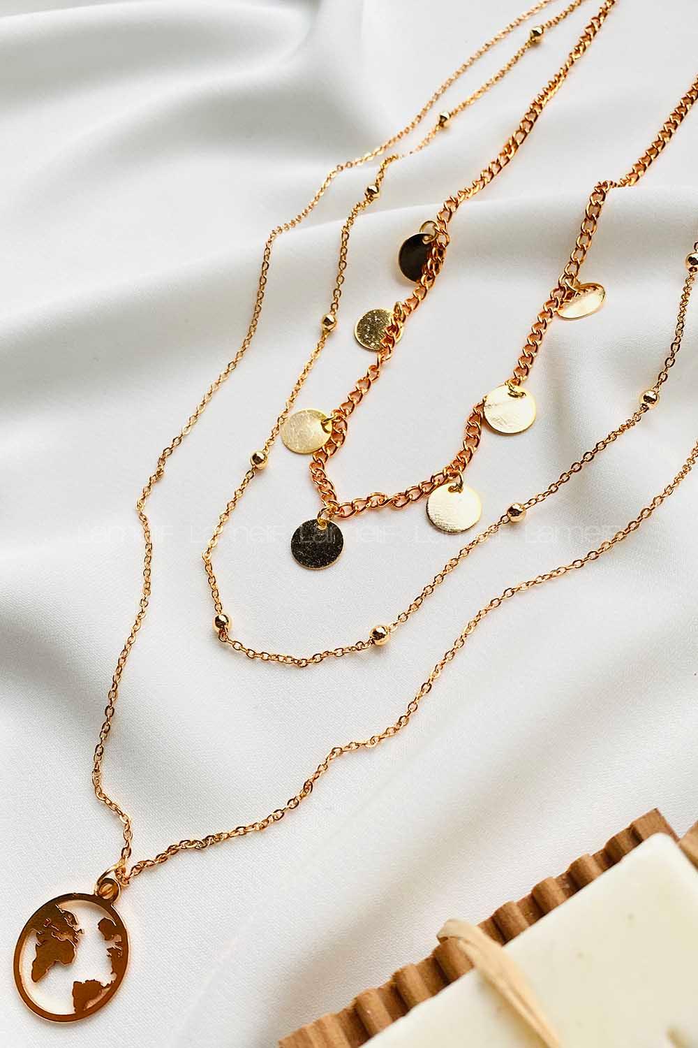 Modalamelif Gold 3Lü Kombin Dünya Detaylı Kolye