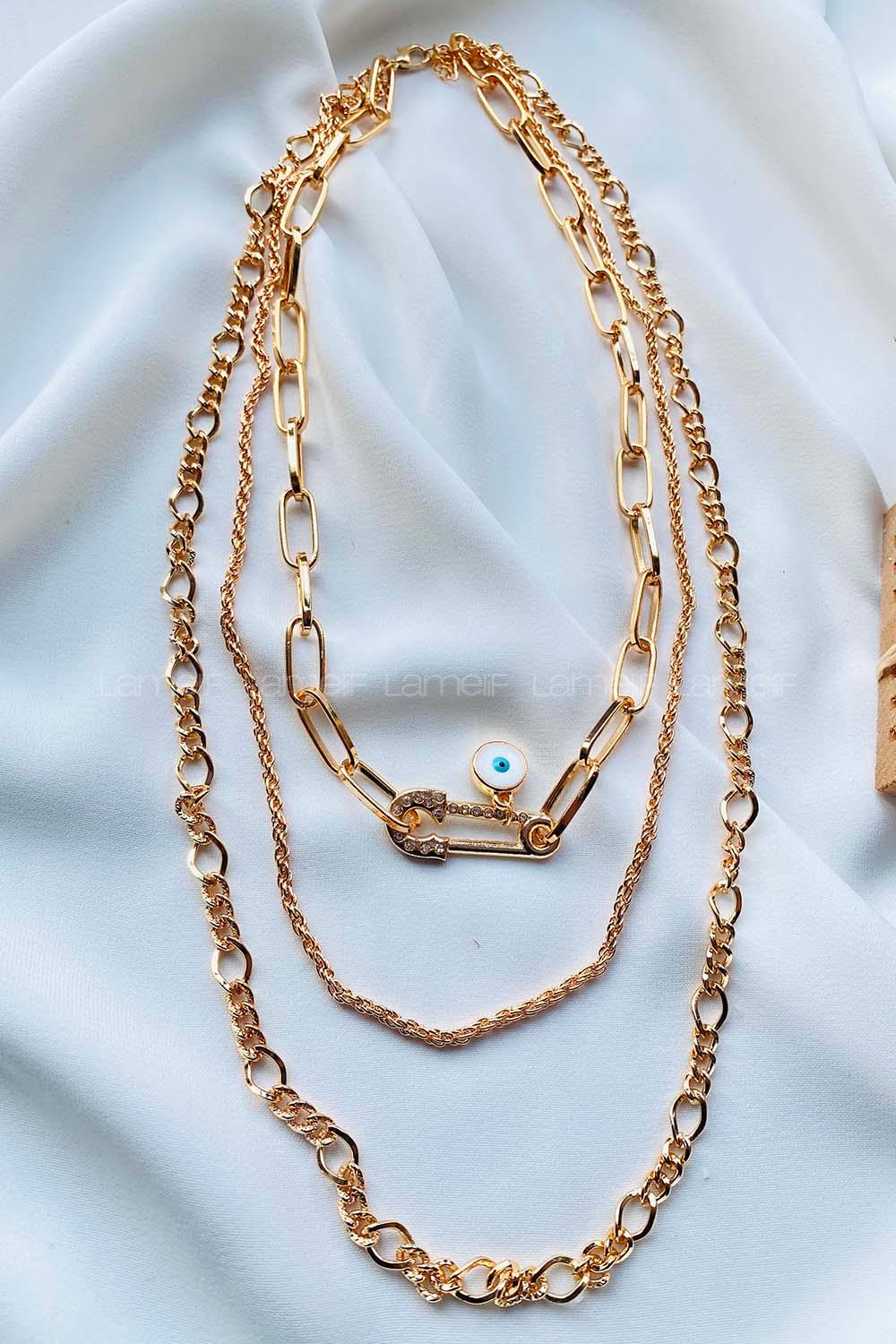 Modalamelif Gold 3Lü Kombin Nazar Boncuklu Çengel İğne Kolye