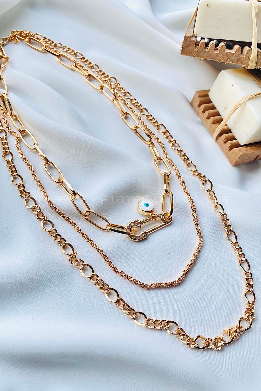 Modalamelif Gold 3Lü Kombin Nazar Boncuklu Çengel İğne Kolye