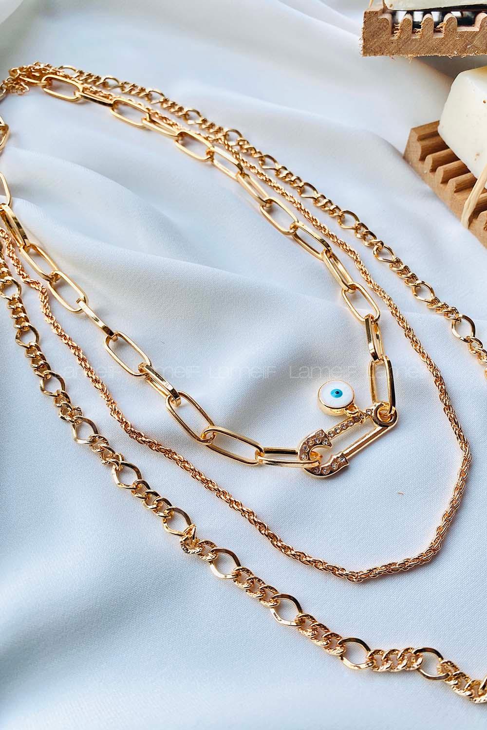 Modalamelif Gold 3Lü Kombin Nazar Boncuklu Çengel İğne Kolye