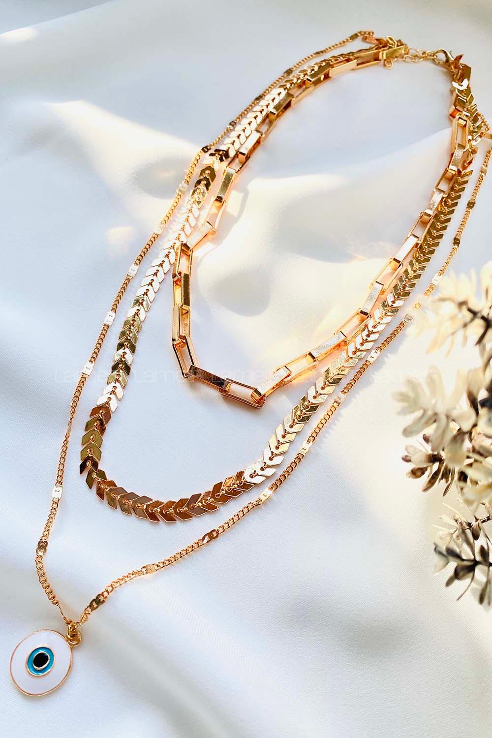 Modalamelif Gold 3Lü Kombin Nazar Detaylı Zincir Kolye