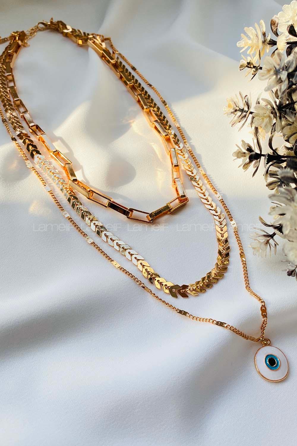 Modalamelif Gold 3Lü Kombin Nazar Detaylı Zincir Kolye