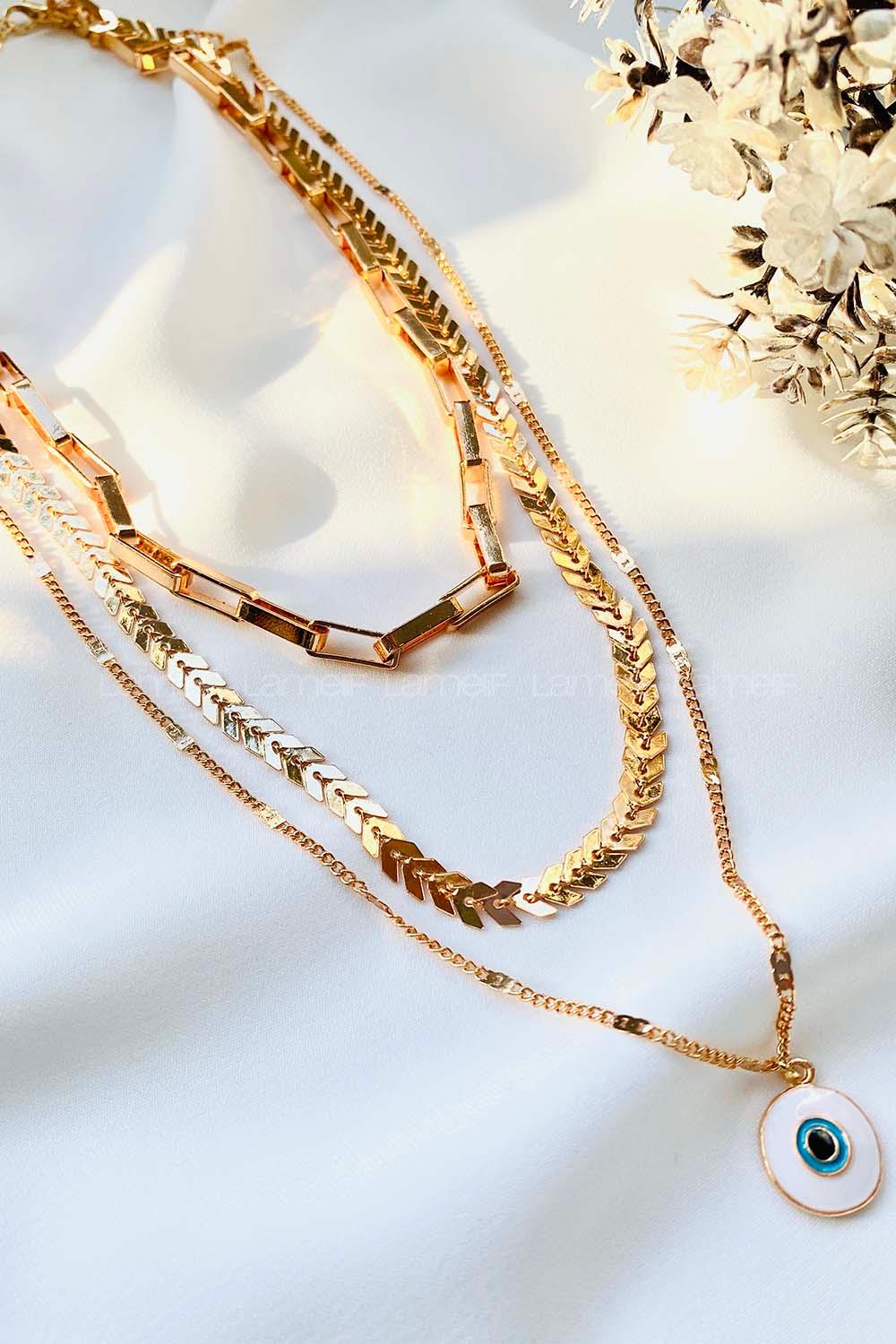 Modalamelif Gold 3Lü Kombin Nazar Detaylı Zincir Kolye