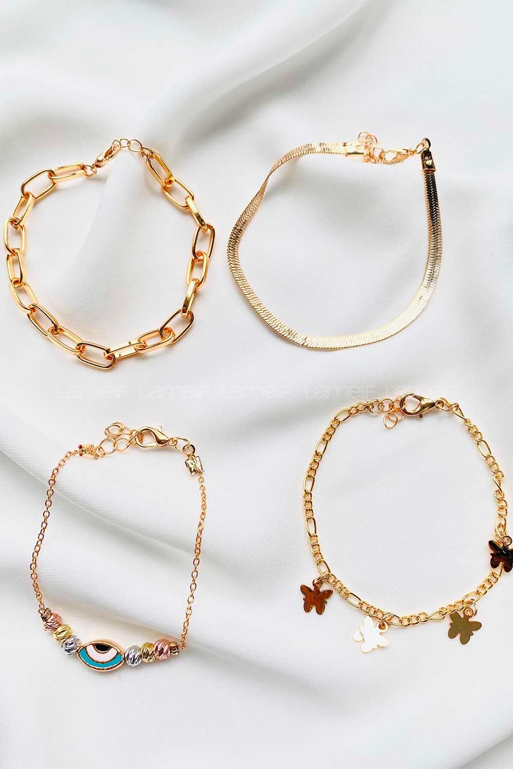 Modalamelif Gold 4Lü Göz Nazar ve Kelebek Detaylı Bileklik Seti