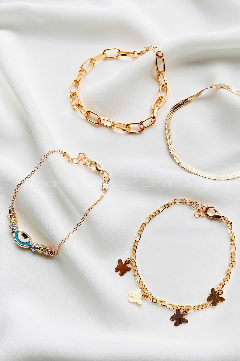 Modalamelif Gold 4Lü Göz Nazar ve Kelebek Detaylı Bileklik Seti