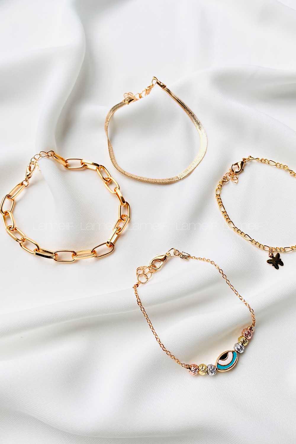 Modalamelif Gold 4Lü Göz Nazar ve Kelebek Detaylı Bileklik Seti