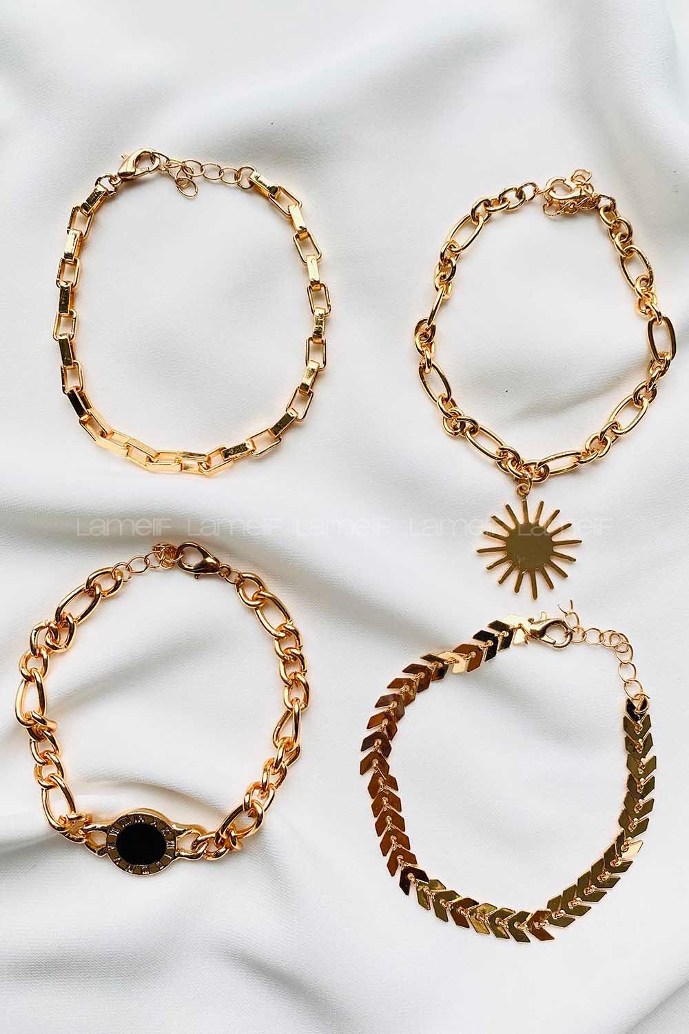 Modalamelif Gold 4Lü Güneş ve Charm Detaylı Bileklik Seti