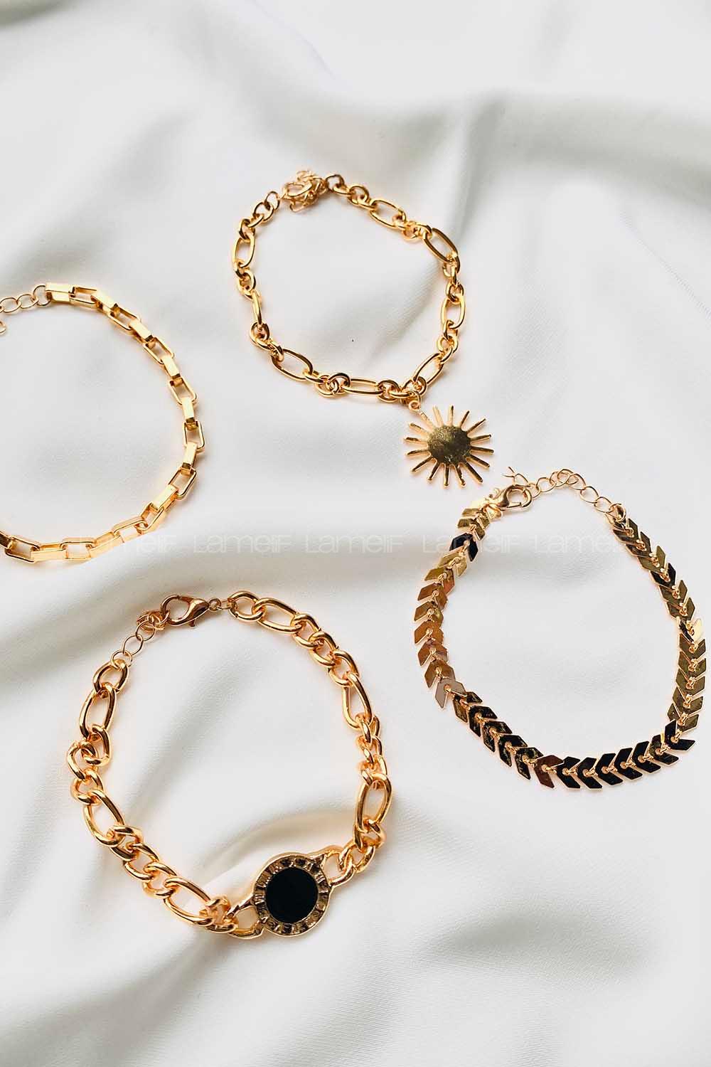 Modalamelif Gold 4Lü Güneş ve Charm Detaylı Bileklik Seti
