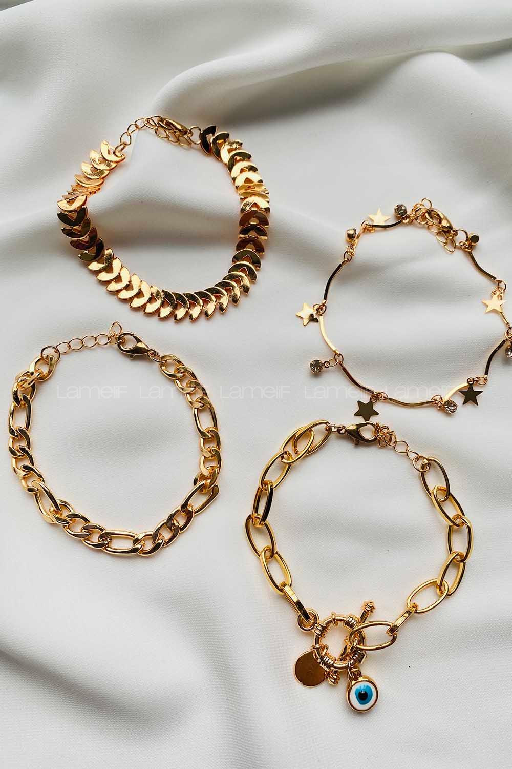 Modalamelif Gold 4Lü Nazar Kilit Detaylı Bileklik Seti