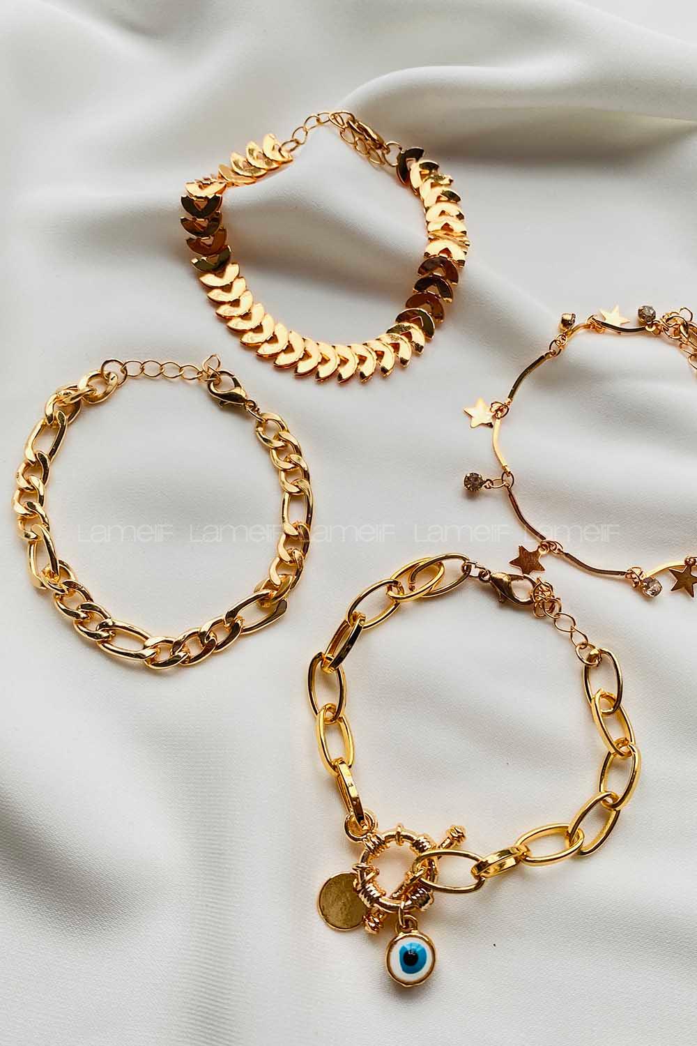 Modalamelif Gold 4Lü Nazar Kilit Detaylı Bileklik Seti