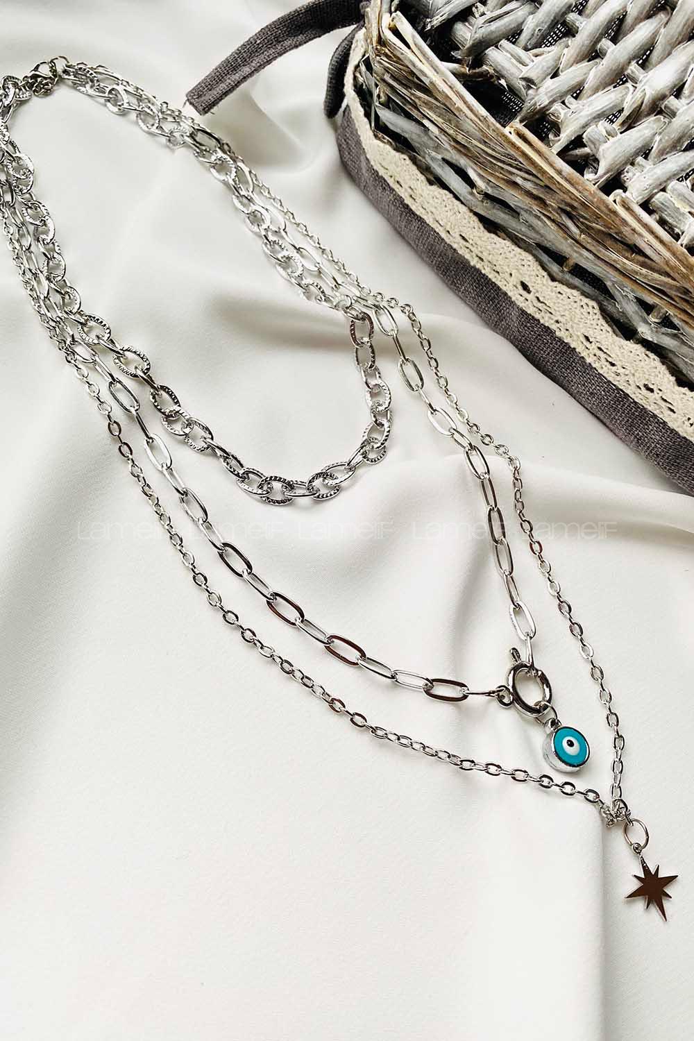 Modalamelif Gümüş 3Lü Kombin Kuzey Yıldız Detaylı Kolye