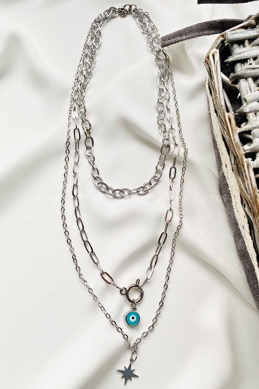 Modalamelif Gümüş 3Lü Kombin Kuzey Yıldız Detaylı Kolye