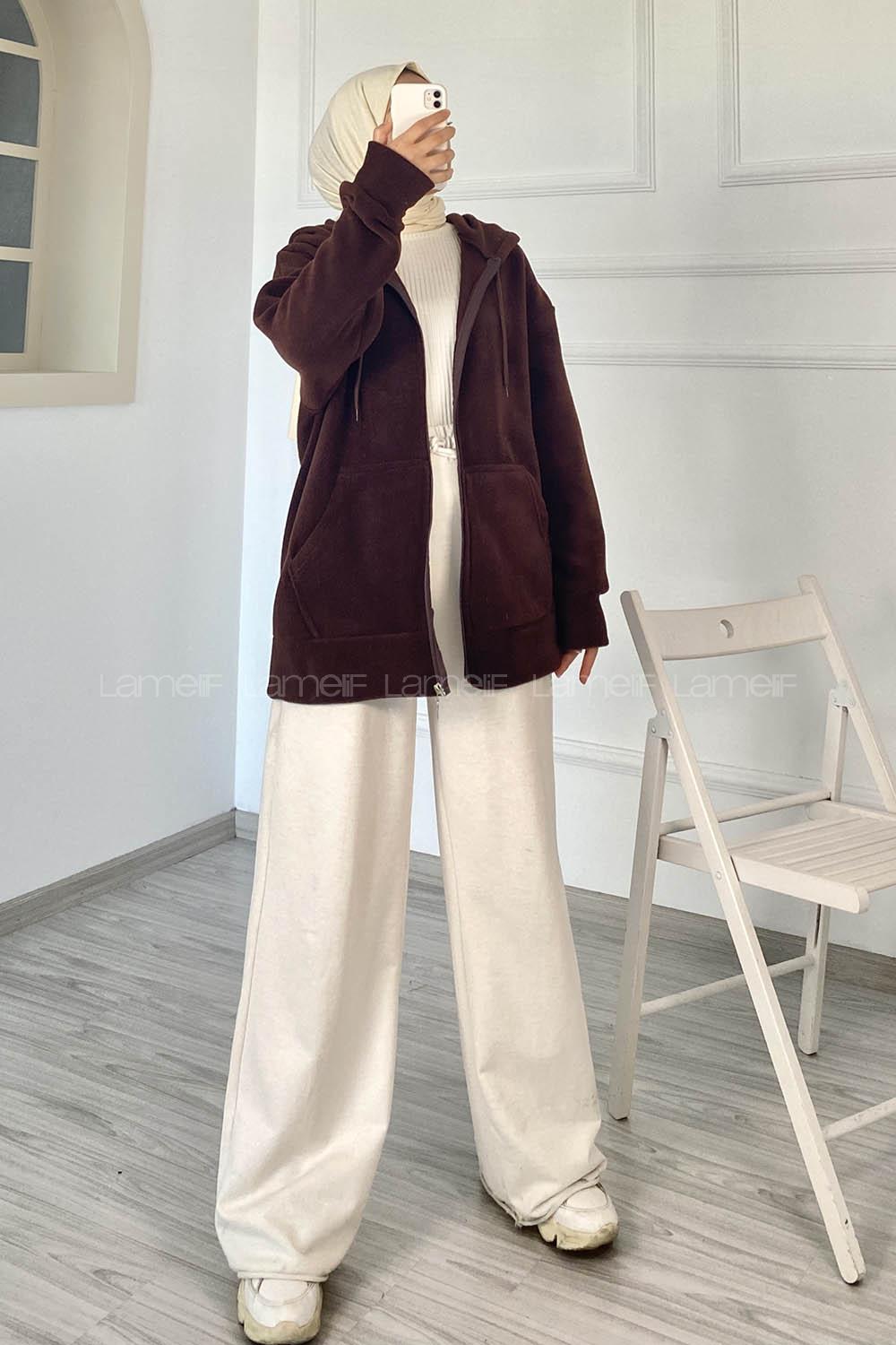 Modalamelif Kapüşonlu Fermuarlı Çift Cepli Polar Hırka Acıkahve