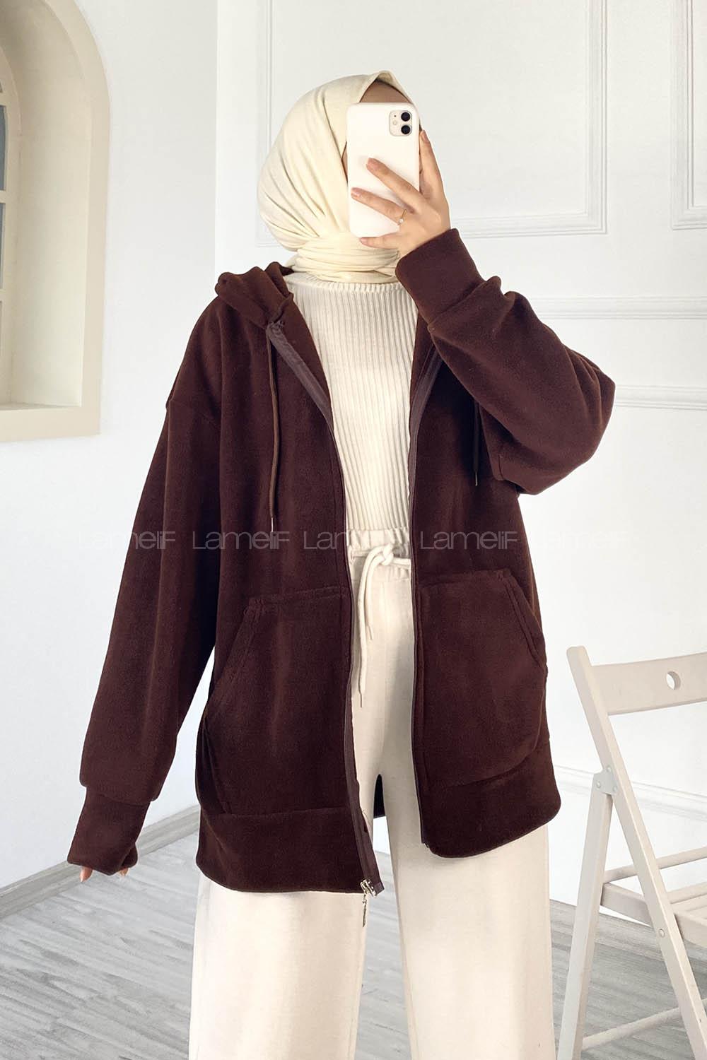 Modalamelif Kapüşonlu Fermuarlı Çift Cepli Polar Hırka Acıkahve