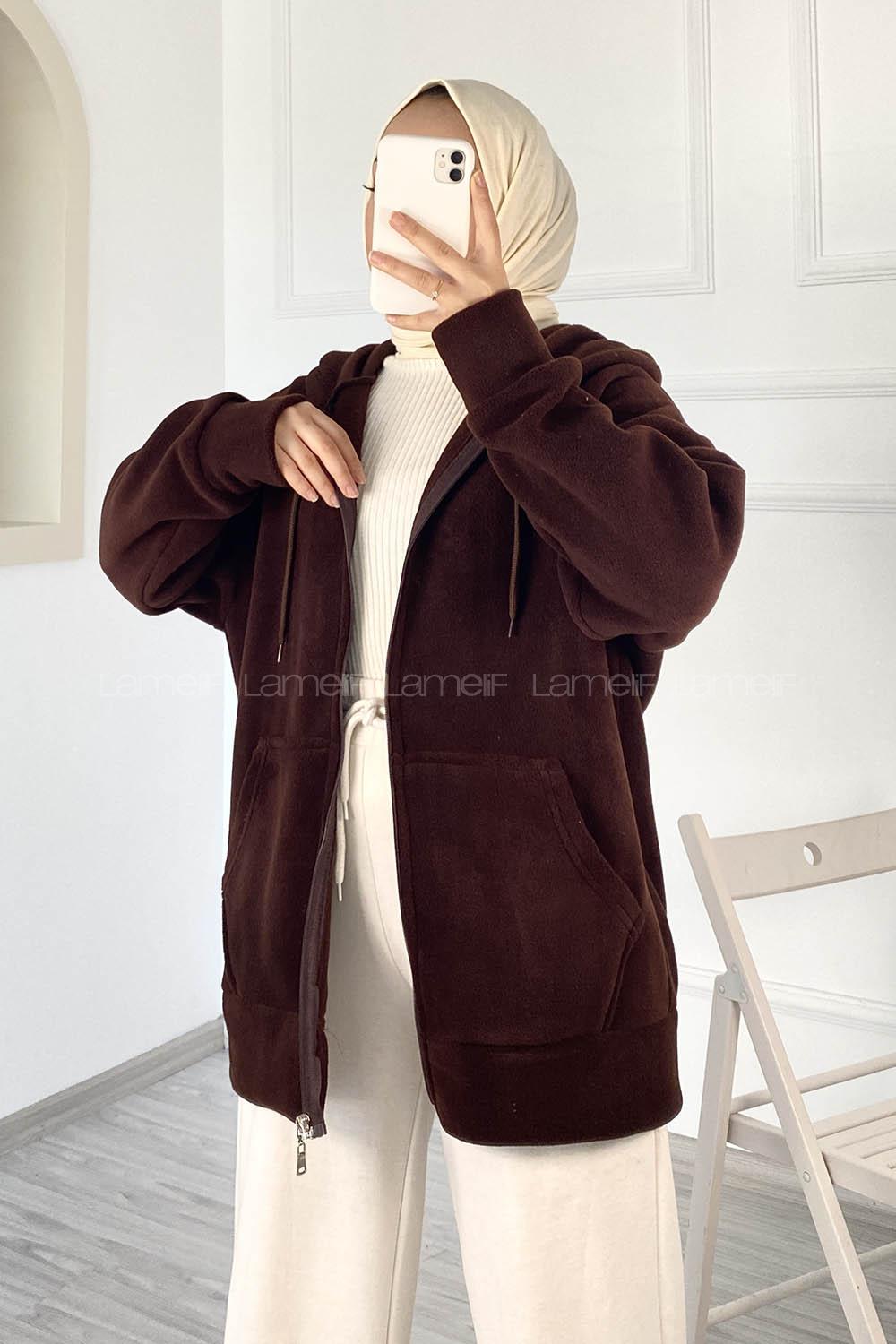 Modalamelif Kapüşonlu Fermuarlı Çift Cepli Polar Hırka Acıkahve
